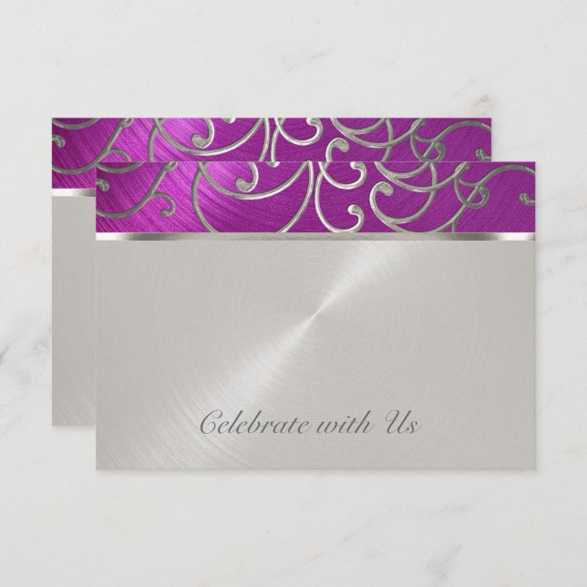 Quinceanera Raspberry and Silver Filigree Swirls Invitation (Front/Back)