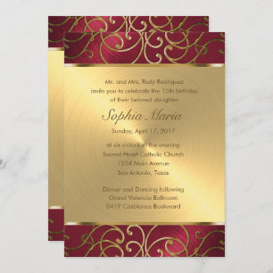 Quinceanera Red and Gold Filigree Swirls Invitation