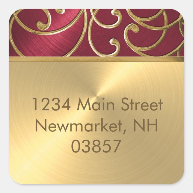 Quinceanera Red and Gold Filigree Swirls Square Sticker (Front)