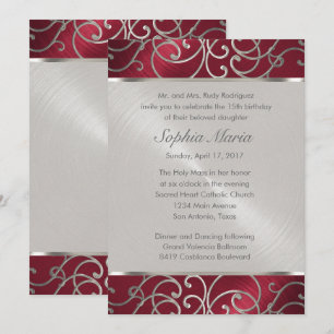 Quinceanera Red and Silver Filigree Swirls Invitation