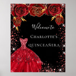 Quinceanera red black dress florals welcome poster