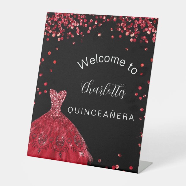 Quinceanera red black glitter dress welcome pedestal sign (Front)