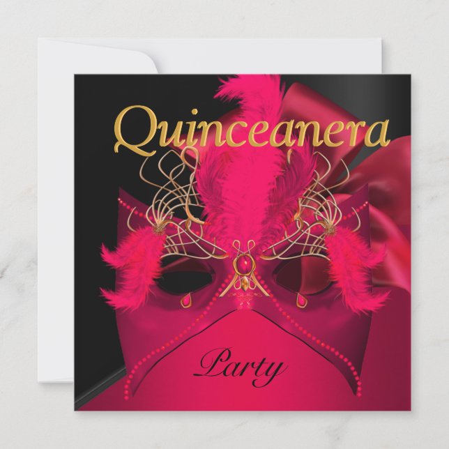 Quinceanera Red Black Gold Mask Masquerade Invitation (Front)