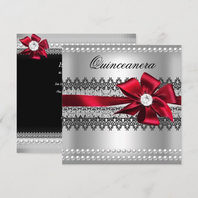 Quinceanera Red Bow Black Pearl Lace Diamond Invitation (Front/Back)