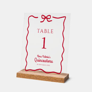 Quinceañera Red Bow Table Numbers personalized Acrylic Sign