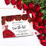 Quinceanera red dress florals white save the date announcement postcard<br><div class="desc">A girly and trendy Save the Date card for a Quinceañera,  15th birthday party. A white background decorated red roses,  faux gold glitter sparkles and a red dress. Personalize and add a date and name/age. The text: Save the Date is written with a large trendy hand lettered style script.</div>