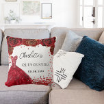 Quinceanera red dress flowers white throw pillow<br><div class="desc">For a Quinceañera,  15th birthday party.  A white background with red confetti,  a dress and red roses,  florals.  The name is written with a modern hand lettered style script.  Personalize and add your name and a date.</div>