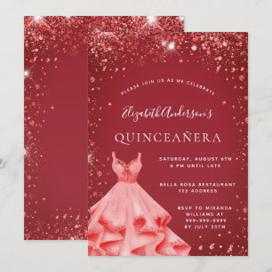 Quinceanera red dress glitter invitation