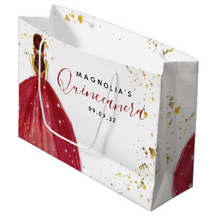 Quinceanera Red Dress Gold Glitter Large Gift Bag
