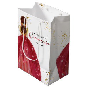 Quinceanera Red Dress Gold Glitter Medium Gift Bag