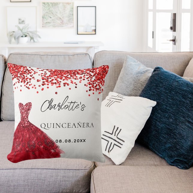 Quinceanera red dress white name throw pillow (Creator Uploaded)