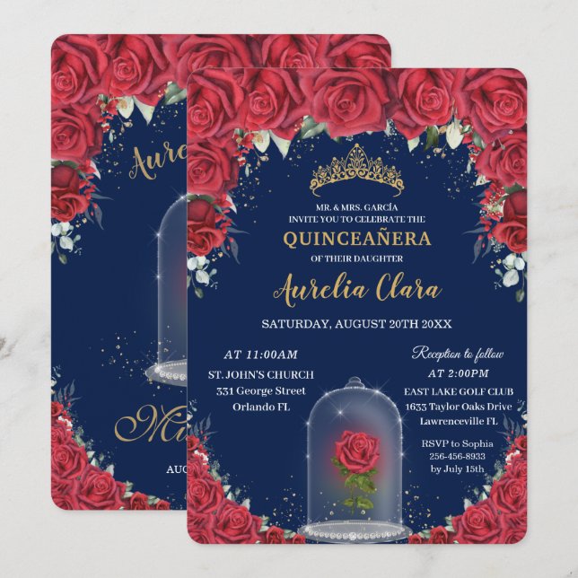 Quinceañera Red Floral Enchanted Rose Navy Blue Invitation (Front/Back)