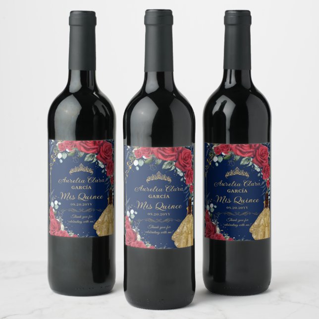 Quinceañera Red Floral Enchanted Rose Navy Blue Wine Label (Bottles)