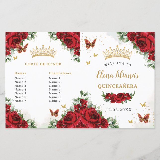 Quinceañera Red Floral Gold Butterflies Program (Front)