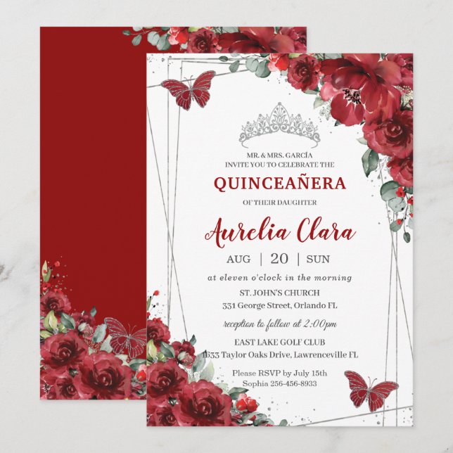 Quinceañera Red Flowers Floral Silver Butterfly Invitation (Front/Back)