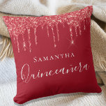 Quinceanera red glitter drips name throw pillow<br><div class="desc">A pillow for a Quinceañera,  15th years old girls room. A red background with faux red glitter drips,  paint dripping look. The text: Quinceañera is written in white with large modern hand lettered style script. Personalize and add a name.</div>