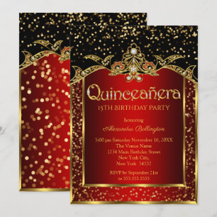Quinceanera Red Gold Black Birthday Party Invitation