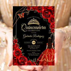 Quinceanera Red Gold Butterfly Dress Floral Invitation