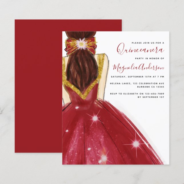 Quinceanera Red Gold Dress Budget Invitation (Front/Back)