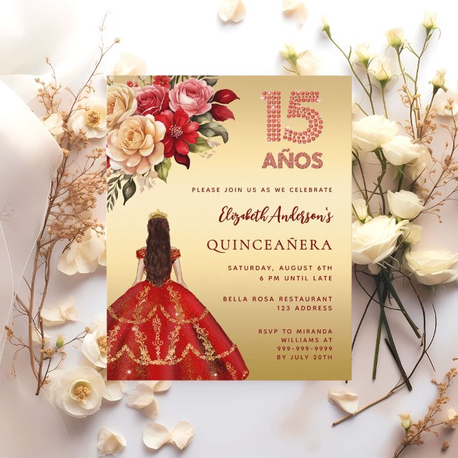 Quinceanera red gold dress florals invitation (Creator Uploaded)
