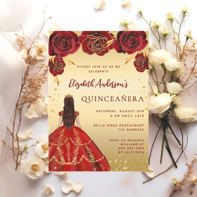 Quinceanera red gold dress florals roses invitation (Creator Uploaded)