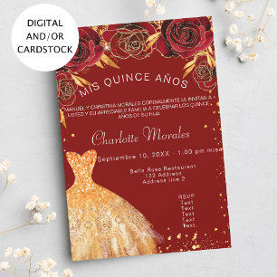 Quinceanera red gold dress flowers invitation