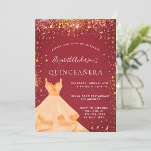 Quinceanera red gold dress glitter invitation