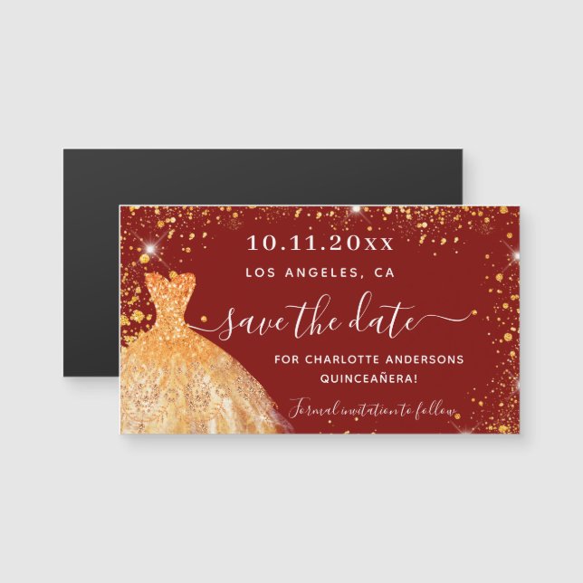 Quinceanera red gold dress save the date magnet (Front/Back)