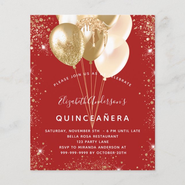 Quinceanera red gold glitter balloons budget flyer (Front)