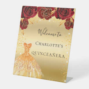 Quinceanera red gold glitter dress floral welcome pedestal sign