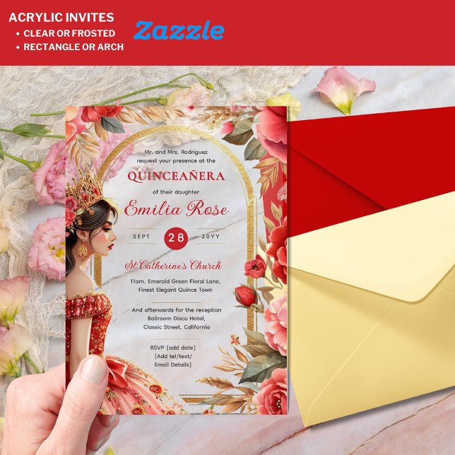 Quinceañera Red Gold Mis Quince Dress Flowers Acrylic Invitations (Creator Uploaded)