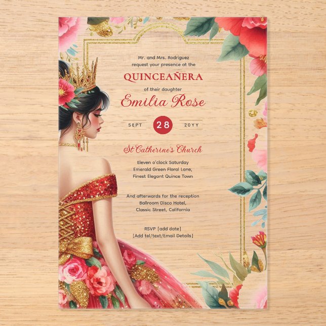 Quinceañera Red Gold Mis Quince Dress Flowers Acrylic Invitations (Front)