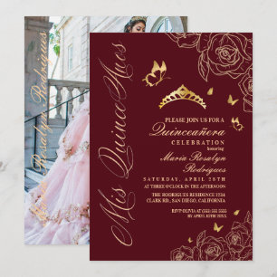 Quinceanera Red Gold Tiara Invitation