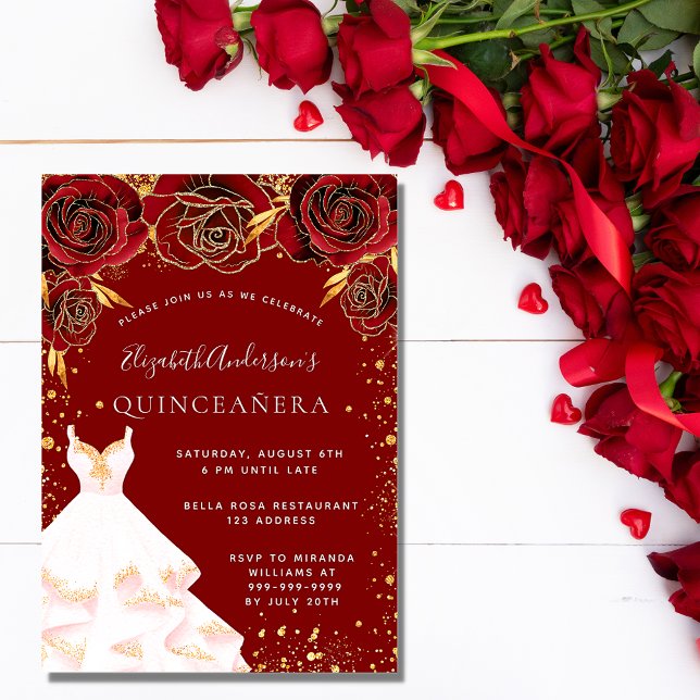Quinceanera red gold white dress glitter elegant invitation (Creator Uploaded)