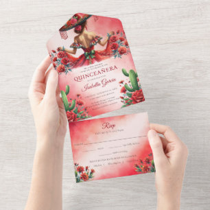 Quinceañera Red Green Mexican Style rsvp All In One Invitation