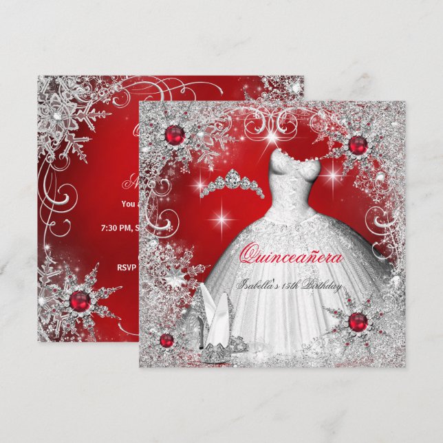 Quinceanera Red Pearl Silver Winter Snowflakes Invitation (Front/Back)