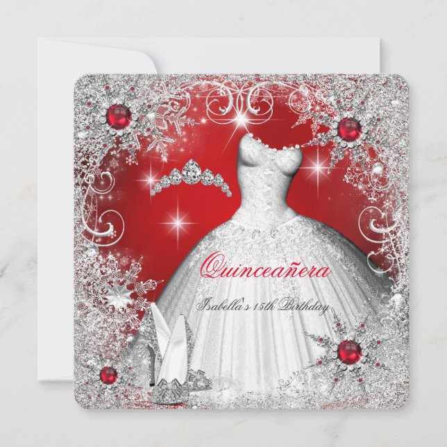Quinceanera Red Pearl Silver Winter Snowflakes Invitation (Front)