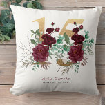 Quinceanera Red Rose Floral Gold Number 15 Throw Pillow<br><div class="desc">Personalized 15th Birthday pillow - beautiful keepsake gift to celebrate the Quinceañera of a special young woman. The design has a gold number 15 adorned with beautiful burgundy red rose blooms, greenery and foliage. The template is set up ready for you to personalize, with the quince's name and date of...</div>