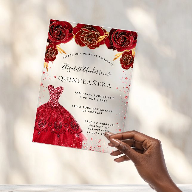 Quinceanera red roses dress glitter clear acrylic invitations (Creator Uploaded)