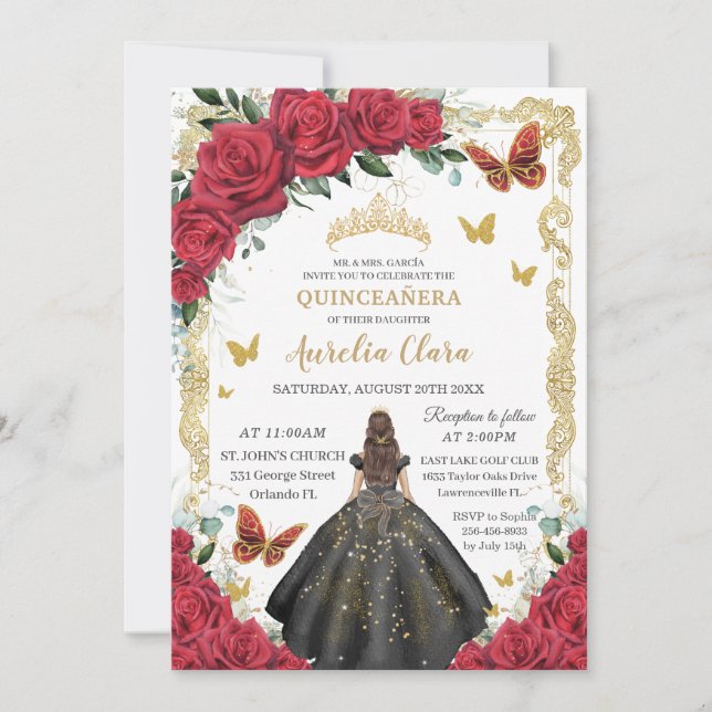 Quinceañera Red Roses Floral Black Dress Princess  Invitation (Front)