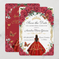 Quinceañera Red Roses Floral Dress Gold Butterfly