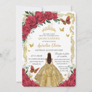 Quinceañera Red Roses Floral Gold Dress Princess Invitation