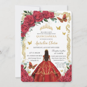 Quinceañera Red Roses Floral Gold Princess 16th Invitation