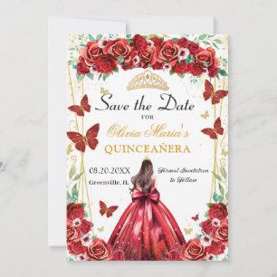 Quinceañera Red Roses Floral Princess Butterflies Save The Date