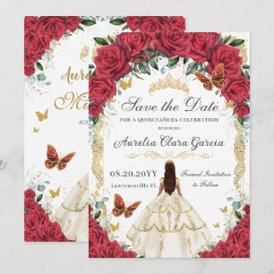 Quinceañera Red Roses Floral White Dress Gold Save The Date