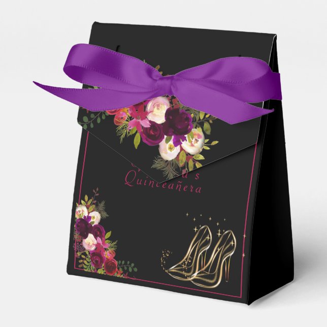 Quinceanera Red Roses Gold High Heels Sparkle Star Favor Box (Front Side)