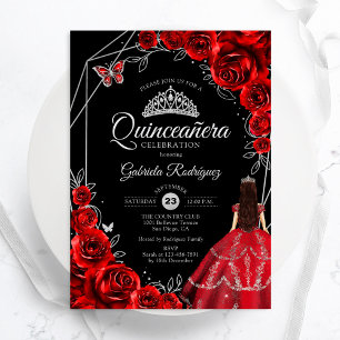 Quinceanera Red Silver Butterfly Dress Floral Invitation