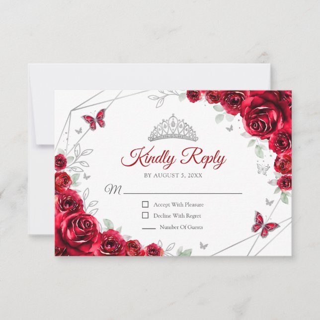 Quinceanera Red Silver Floral Reply RSVP Card (Front)
