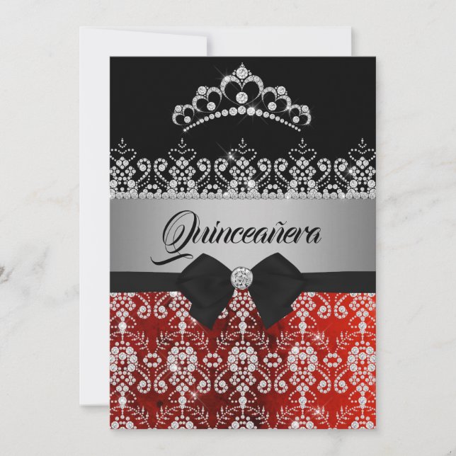 Quinceanera Red Silver Sparkle Diamond Tiara Bow Invitation (Front)