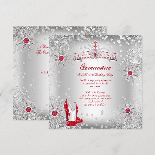 Quinceanera Red Silver Winter Wonderland Invitation (Front/Back)